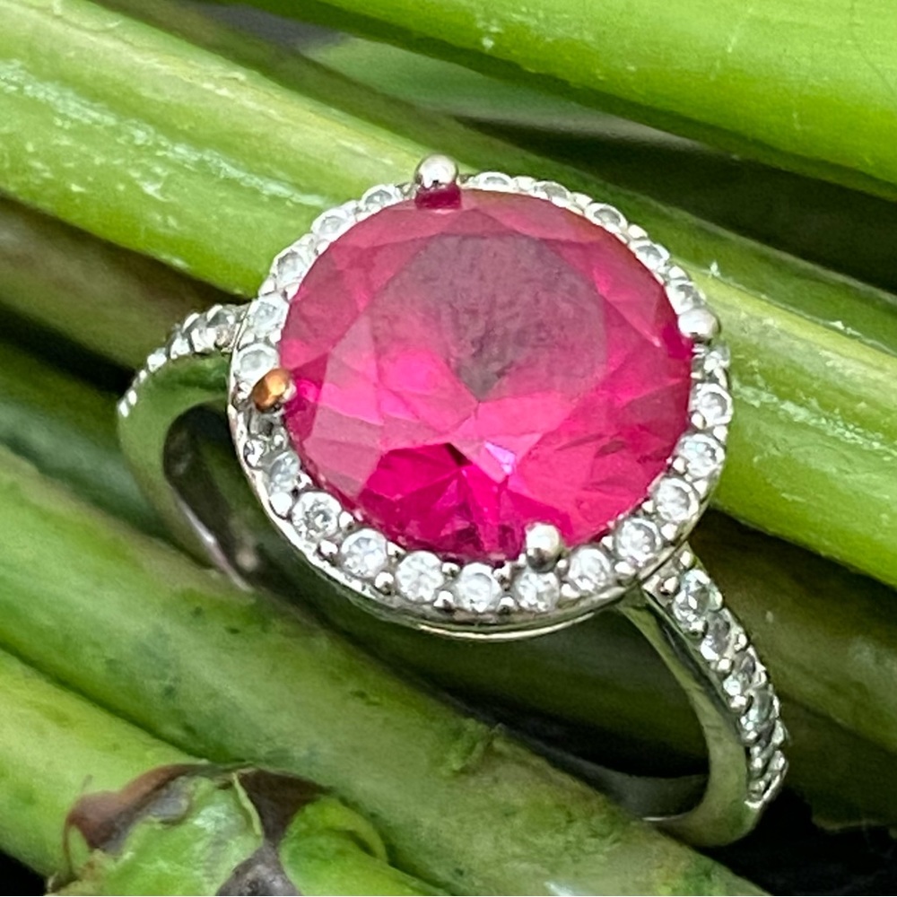 925 Sterling Pink Sapphire CZ Rhinestones Ring Size 6